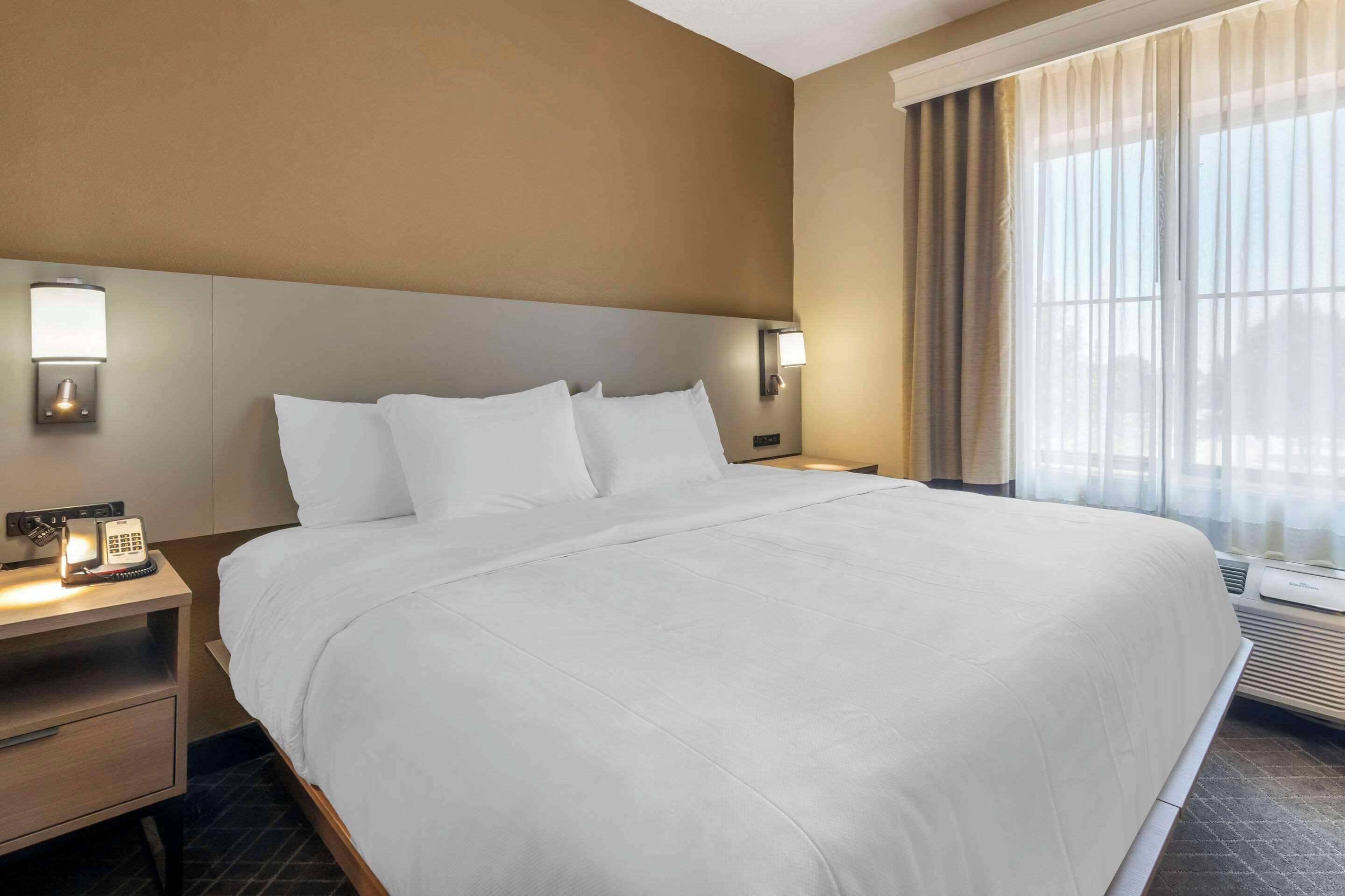 A hotel room with a large bed, bedside lamps, a telephone, and a window with curtains.