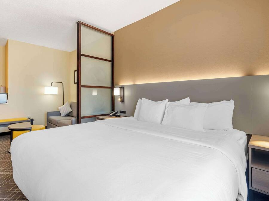 Habitación de hotel con una cama grande, un escritorio, una silla, una mesita de noche y un espejo.