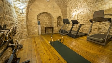 A gym with stone walls, treadmills, and weightlifting equipment.