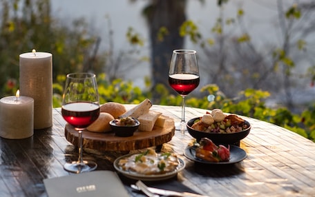 A table set with food and wine, overlooking a scenic landscape.