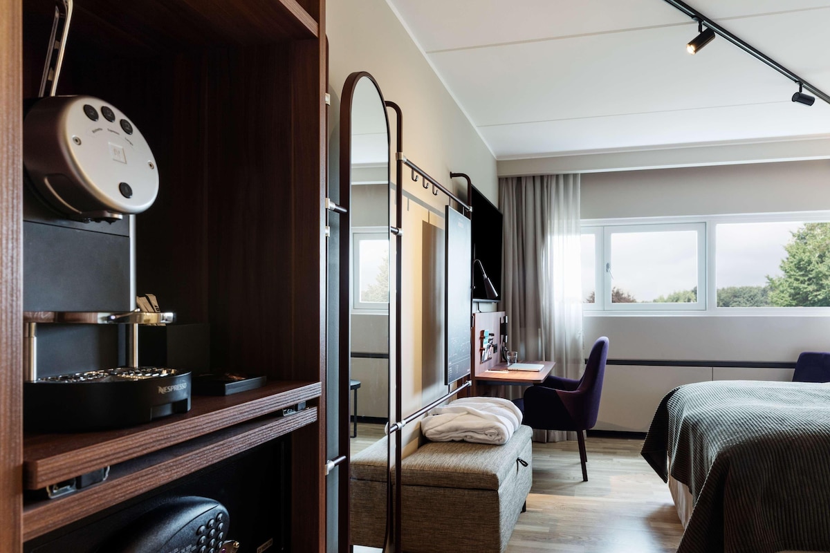 A hotel room with a bed, a desk, a chair, a wardrobe, and a mirror.