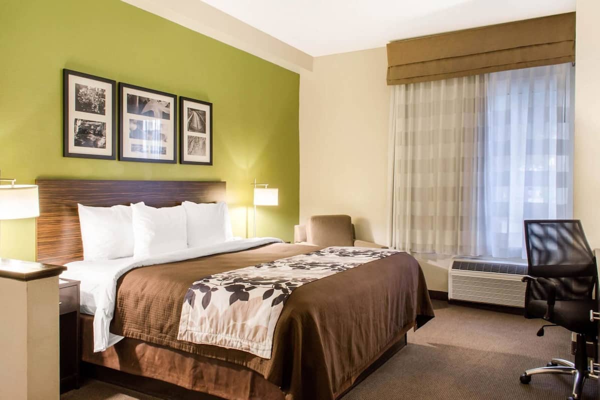 A hotel room with a bed, two bedside lamps, a chair, a window with curtains, and three framed pictures on the wall.