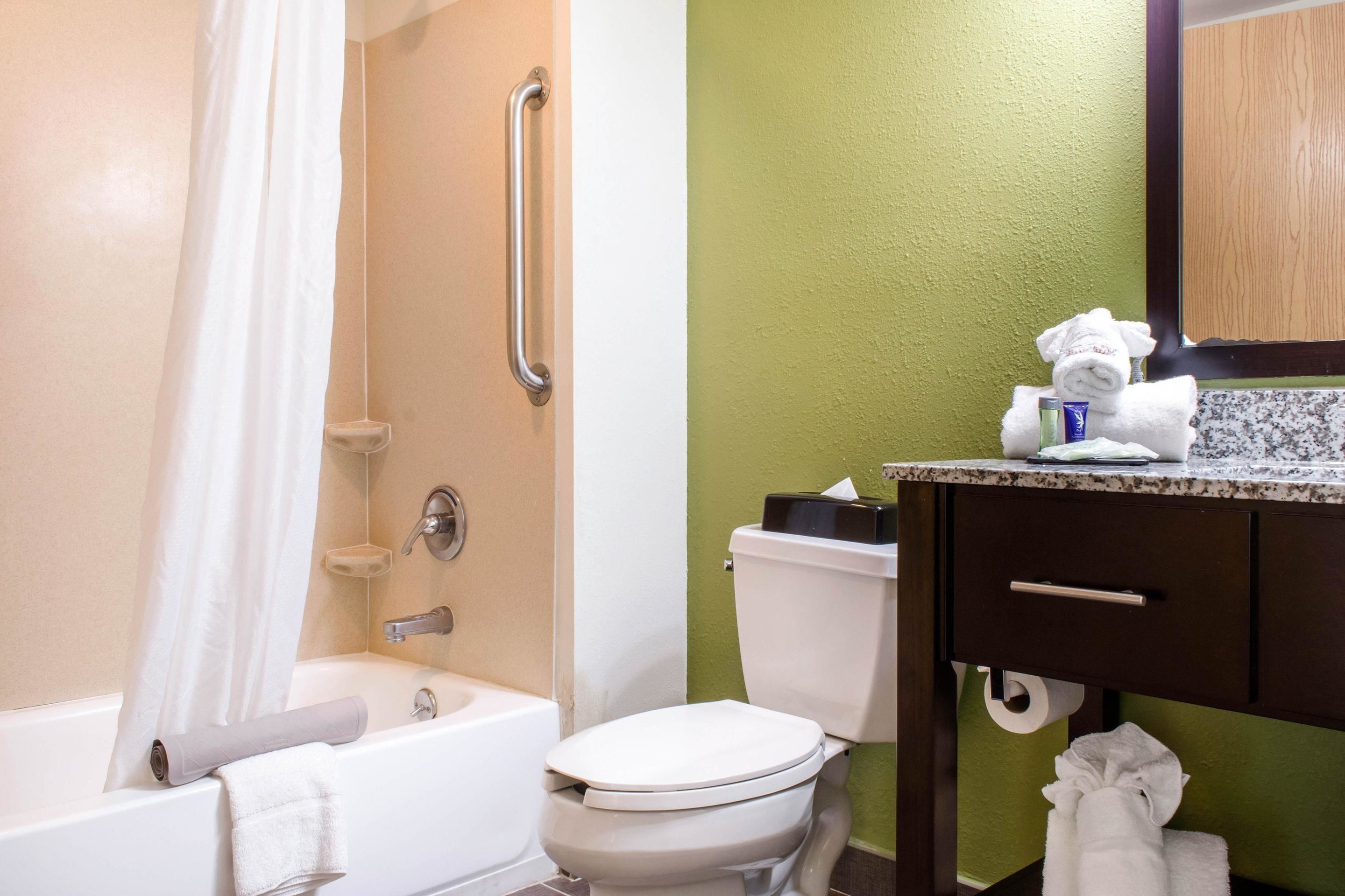 combined shower/bathtub, free toiletries, hair dryer, towels