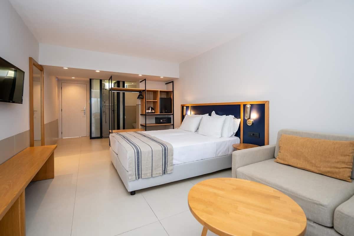 Una habitación de hotel moderna con una cama, un sofá, una pequeña mesa de madera, un televisor y un vestidor.
