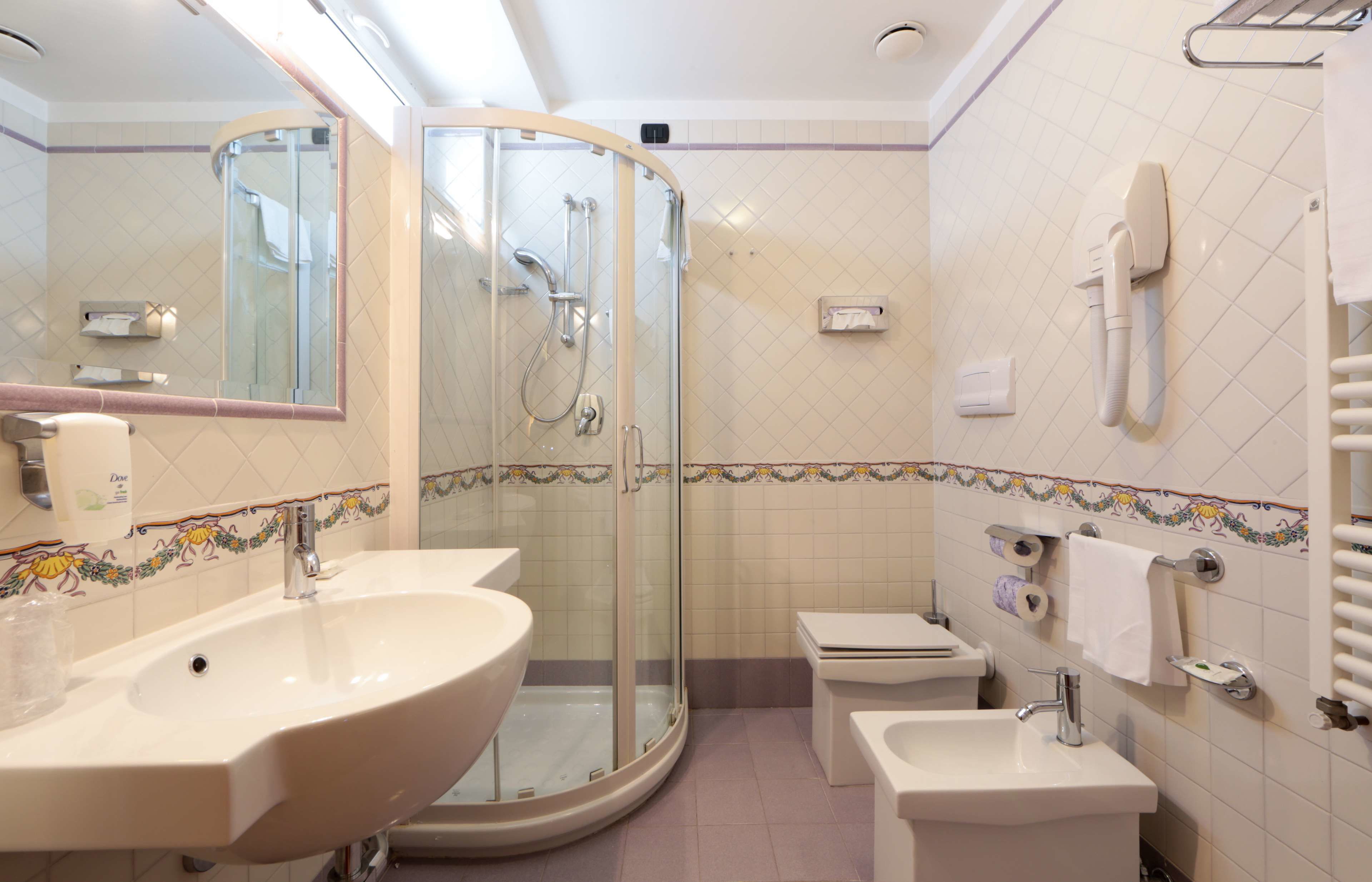 free toiletries, hair dryer, bidet, towels