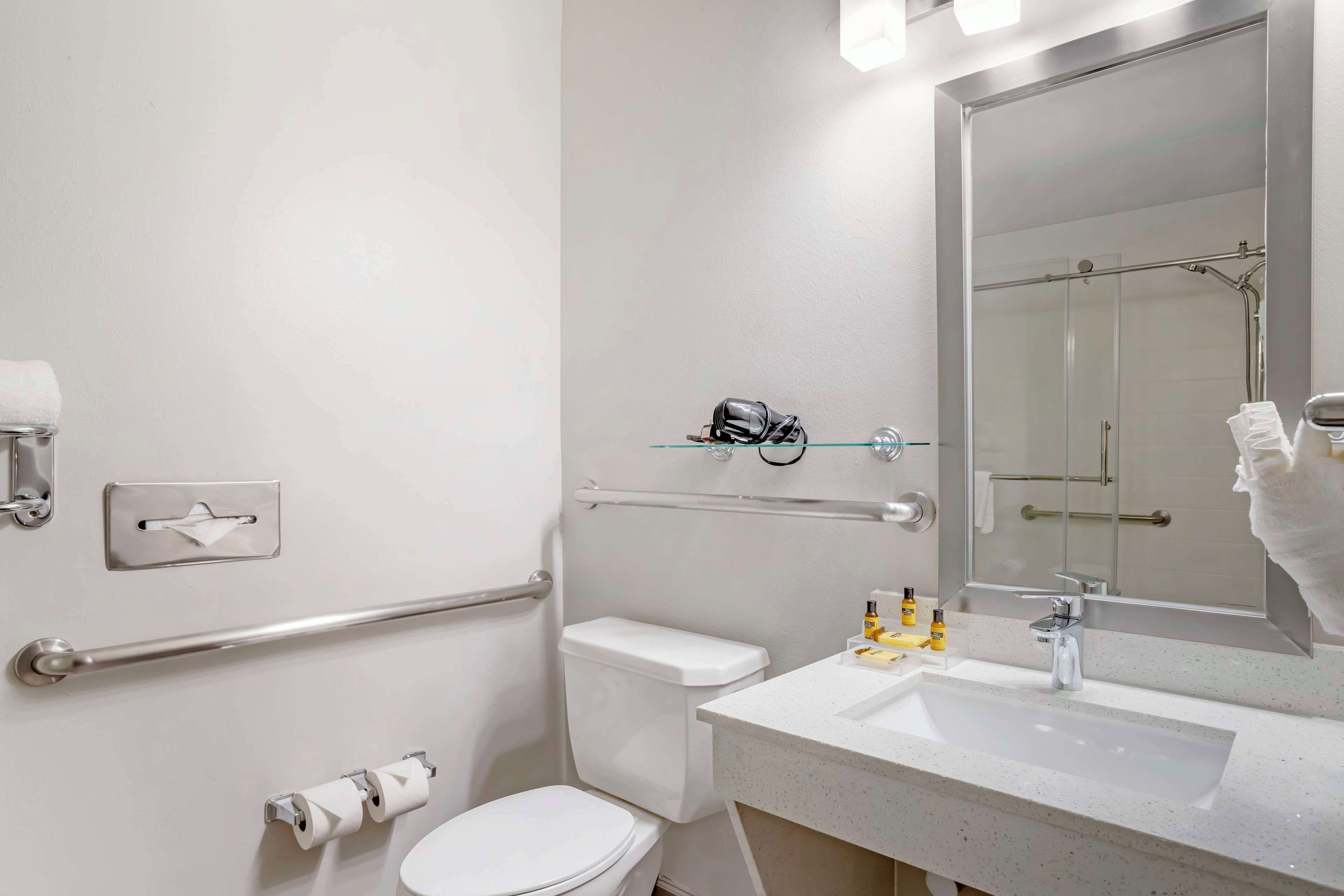 standard room, 1 king bed, accessible, non smoking | bathroom | free toiletries, hair dryer, towels