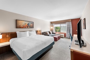 A hotel room with a large bed, a sofa, a desk, and a television.