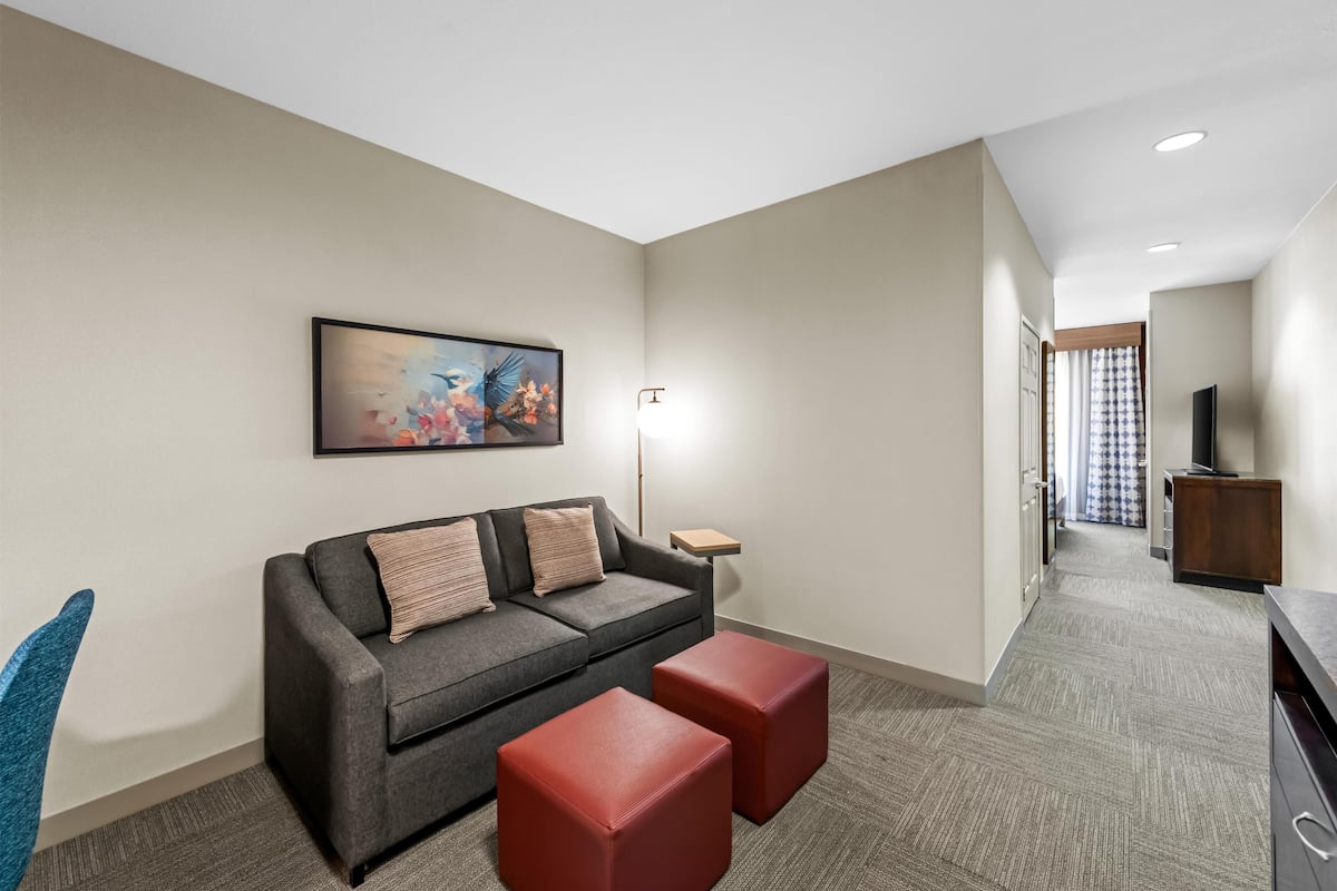 Escritorio, cortinas blackout y tabla de planchar con plancha