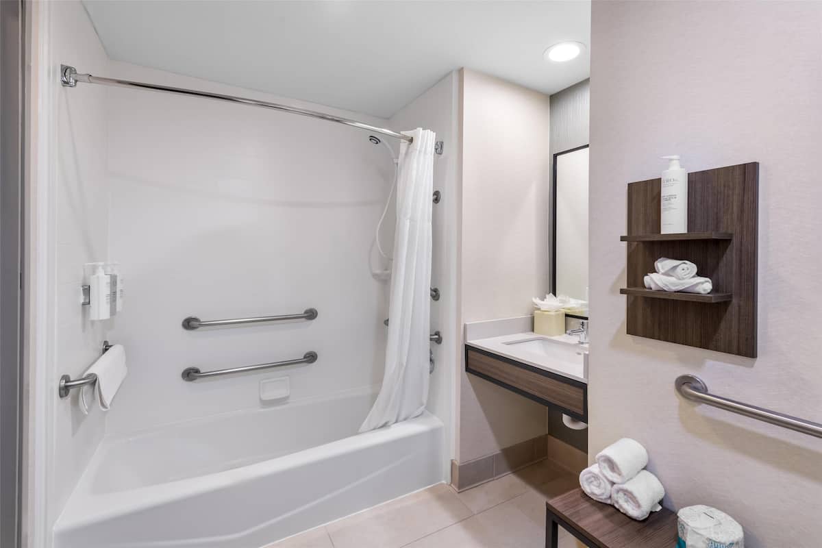 Combined shower/bathtub, free toiletries, hair dryer, towels