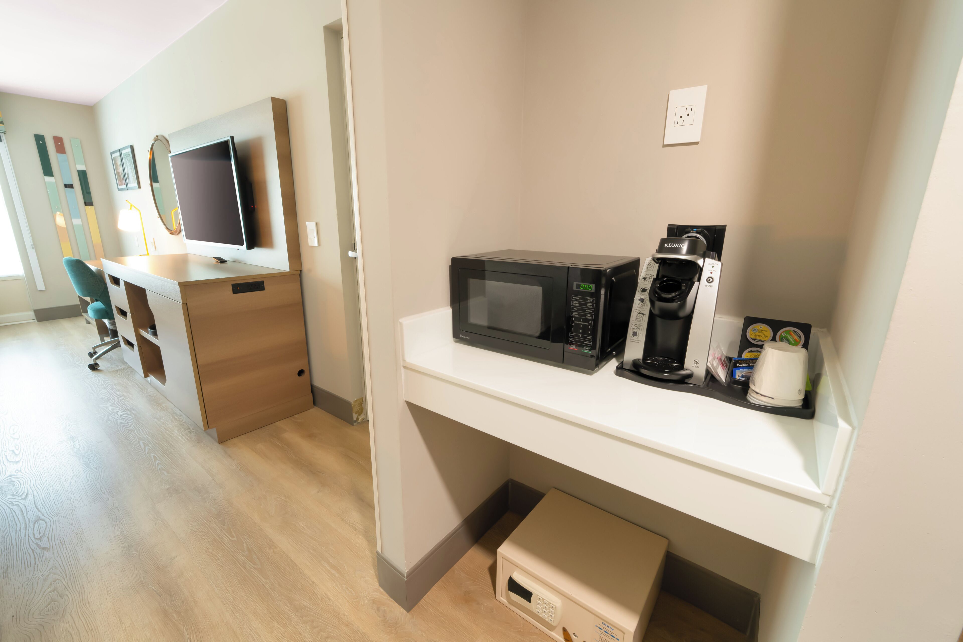 down duvets, desk, laptop workspace, blackout curtains