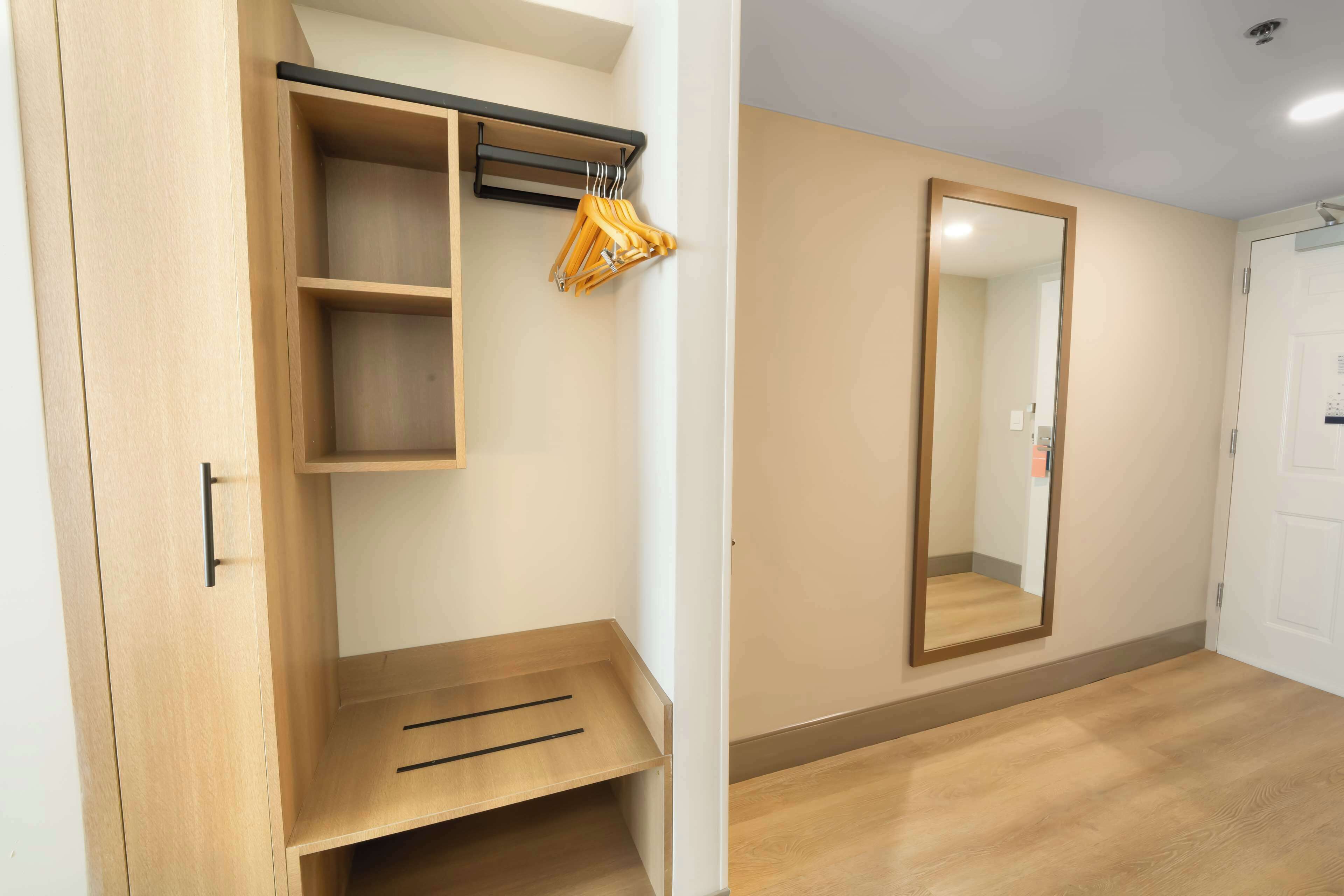 down duvets, desk, laptop workspace, blackout curtains