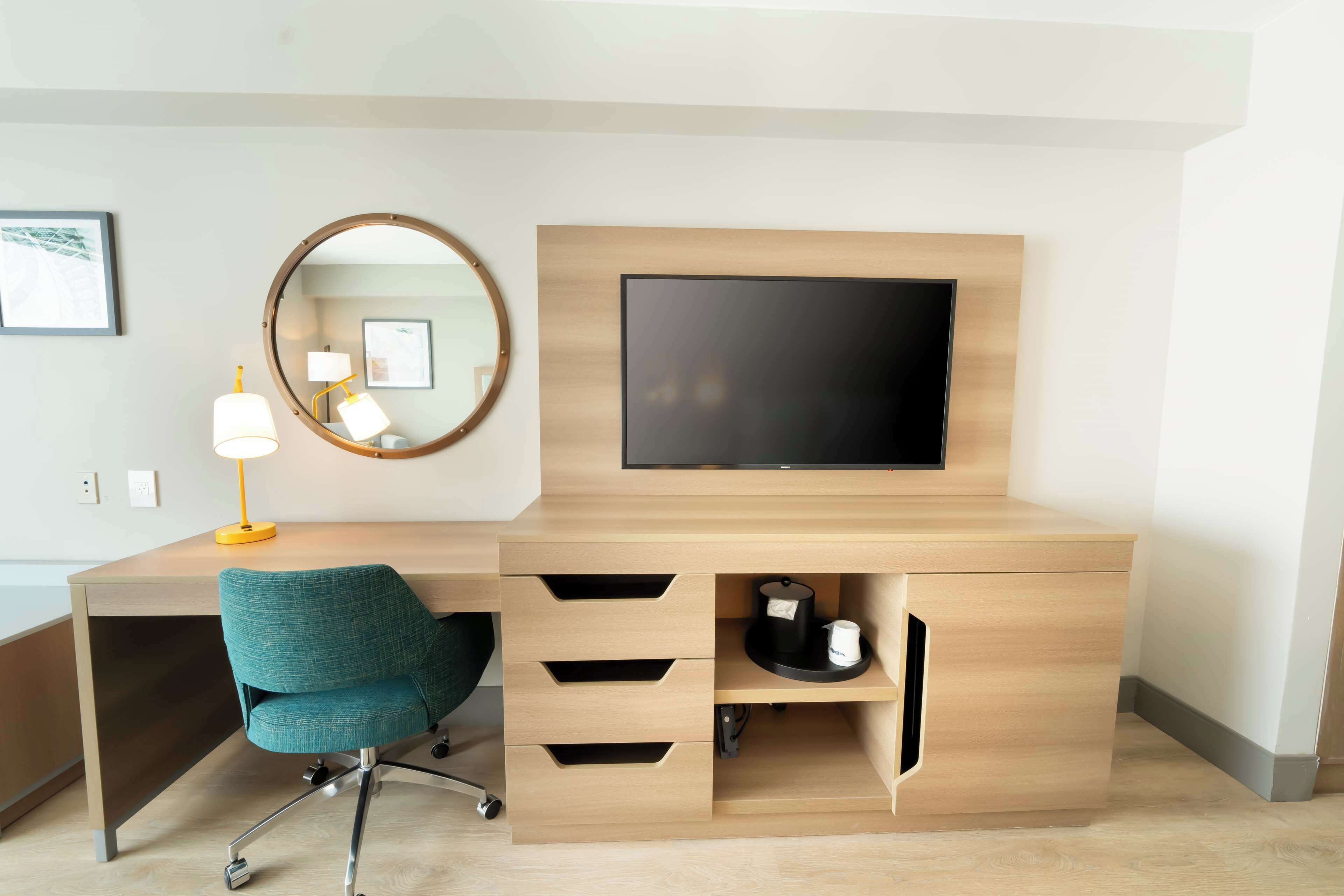 down duvets, desk, laptop workspace, blackout curtains