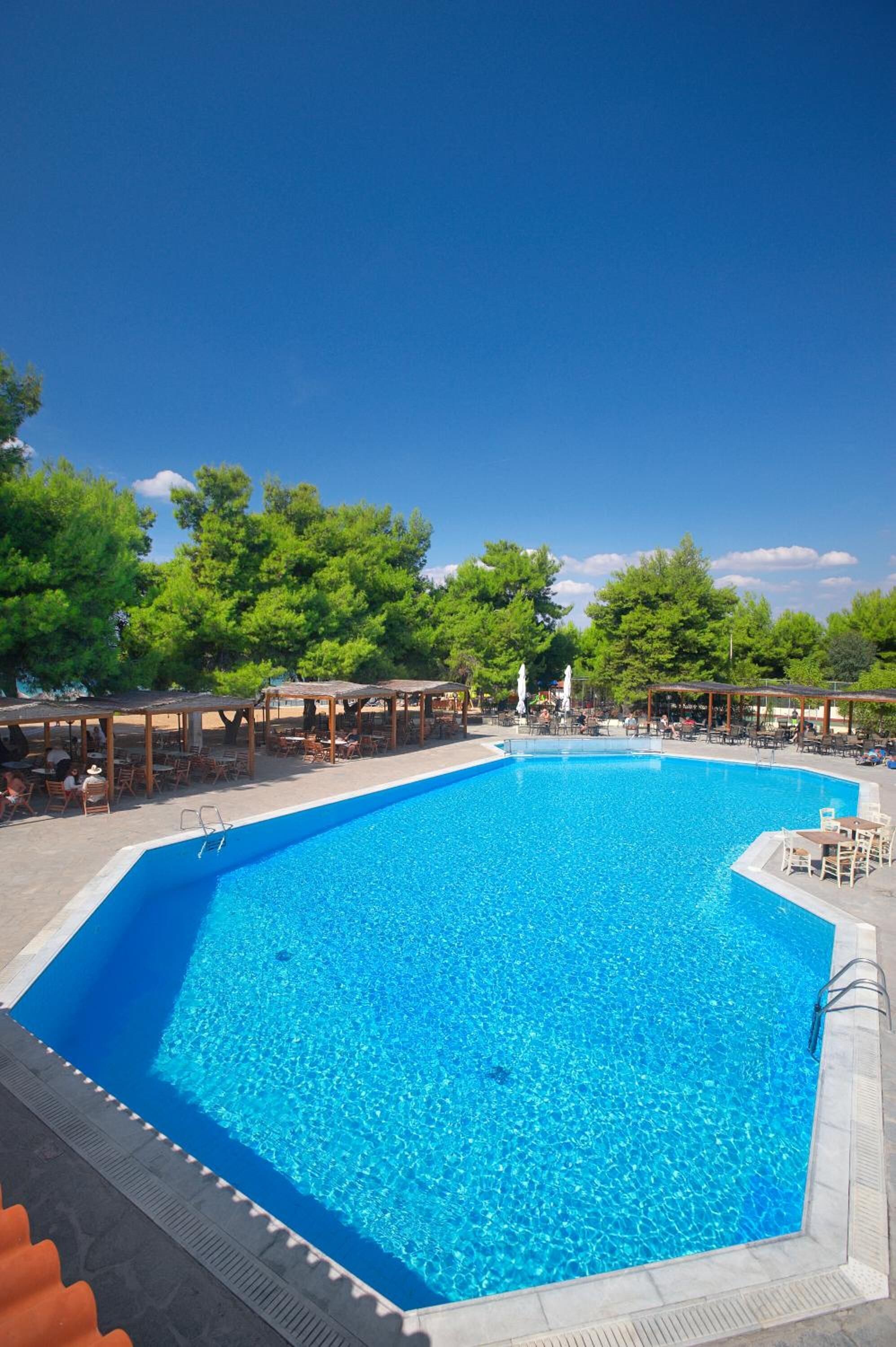 Une piscine rectangulaire à l’eau d’un bleu cristallin, entourée d’espaces de détente en plein air et d’arbres.