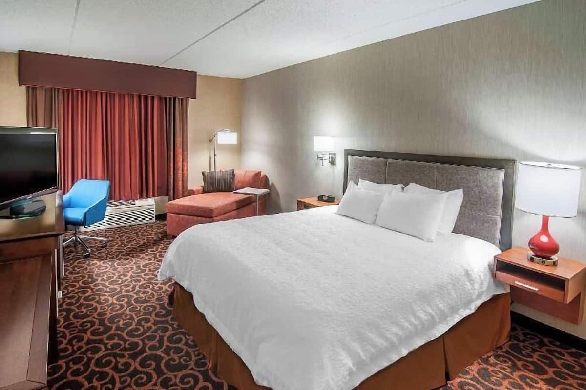 Habitación de hotel con una cama grande, un escritorio con televisor, una silla, una mesita de noche con lámpara y una alfombra estampada.