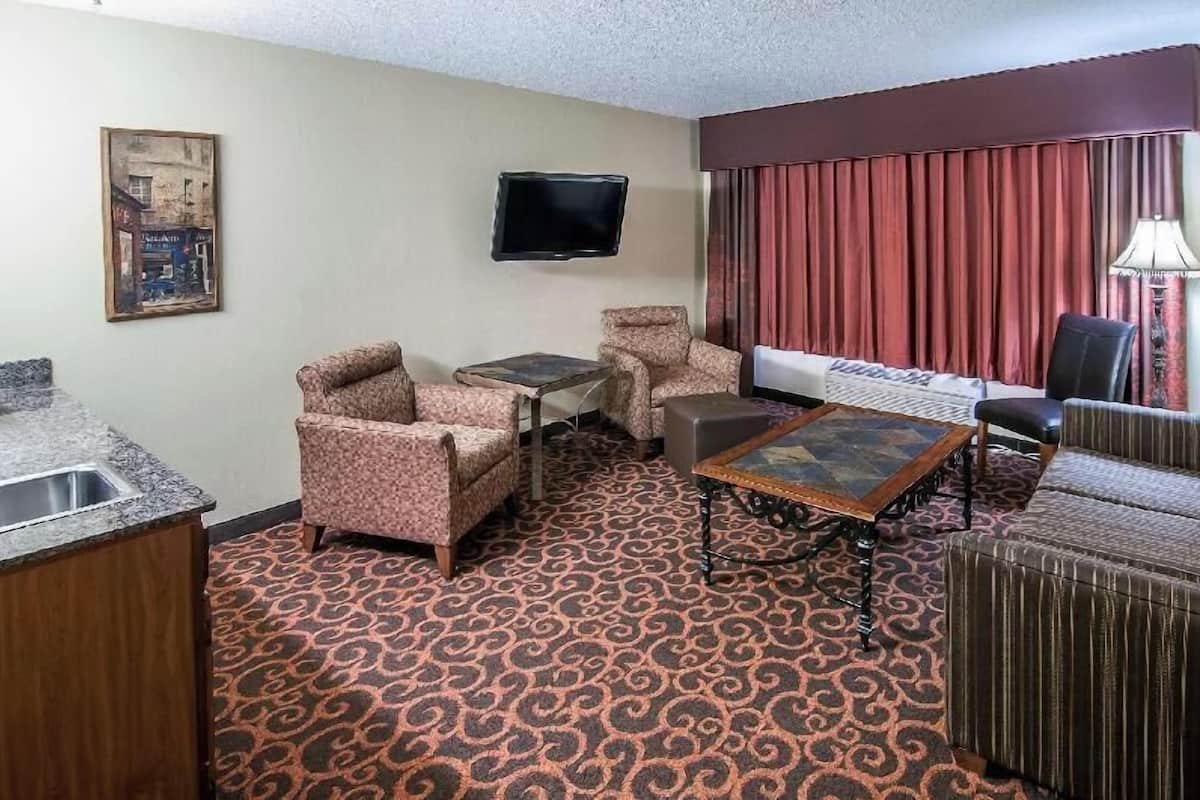 Habitación de hotel con sofá, sillón, una mesita, televisión y alfombra estampada.