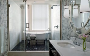 Designer toiletries, hair dryer, bathrobes, towels