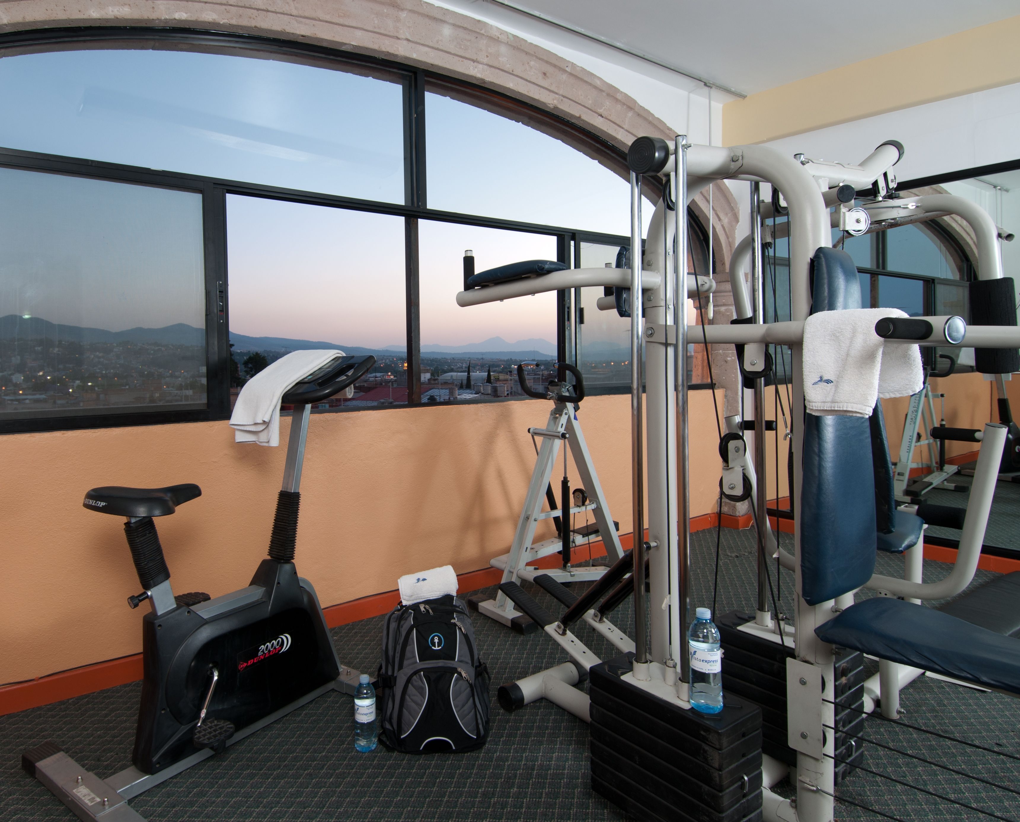 A gym with exercise equipment, a treadmill, and a view of a cityscape through large windows.