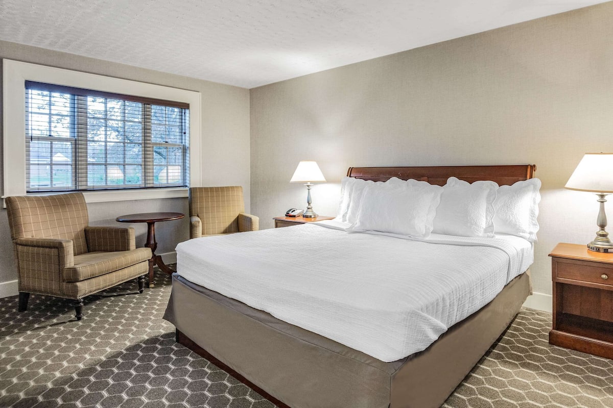 Una habitación de hotel con una cama grande, dos mesitas de noche con lámparas, una silla y una pequeña mesa.