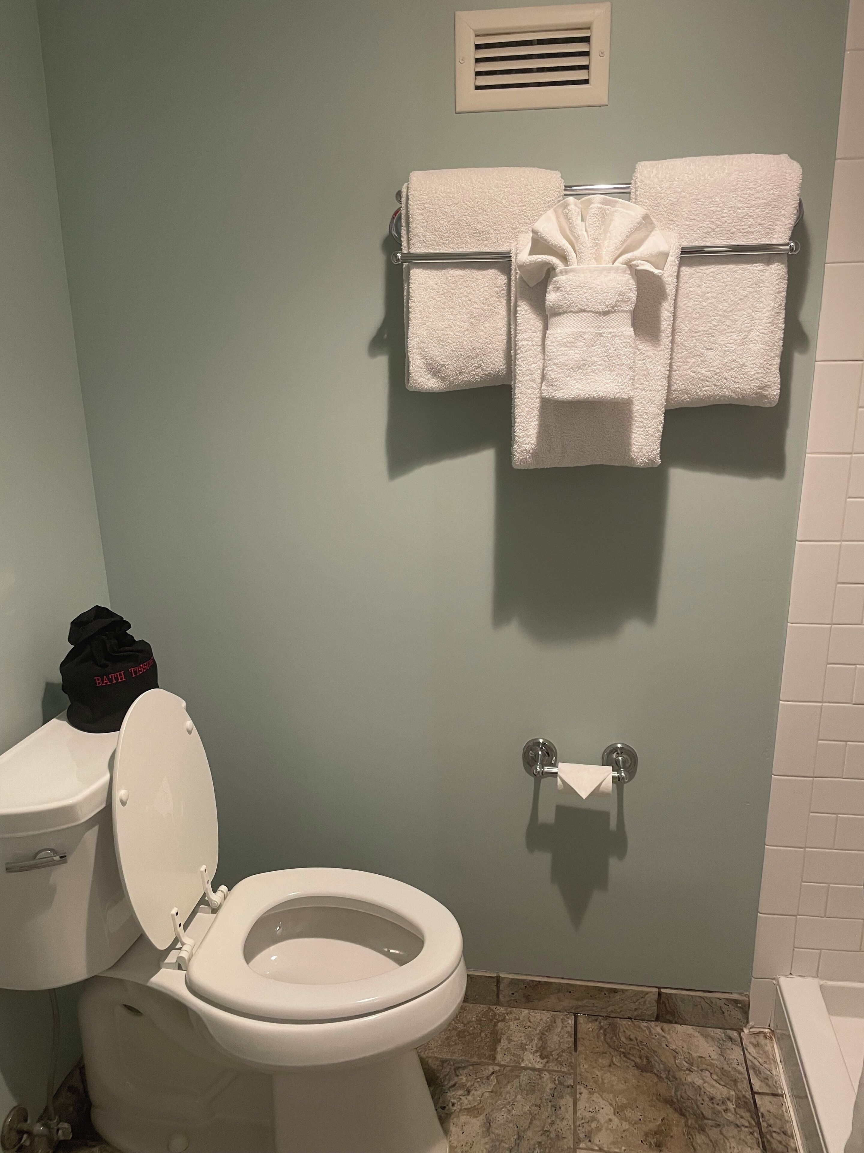 Une salle de bain comprenant des toilettes, un porte-serviettes avec des serviettes, un sac noir posé sur les toilettes et un porte-rouleau de papier toilette.