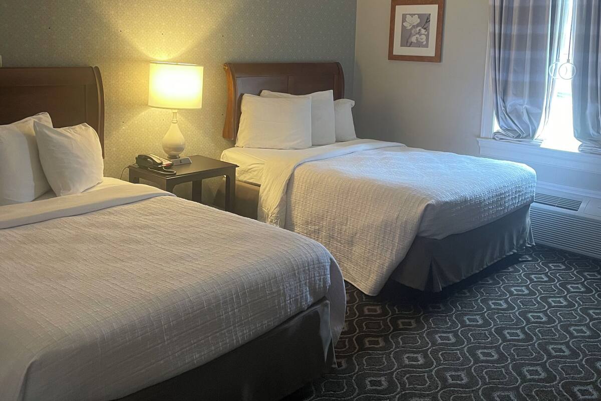 Ein Hotelzimmer mit zwei Betten, einem Nachttisch mit Lampe, einem gerahmten Bild an der Wand und einem Fenster mit Vorhängen.