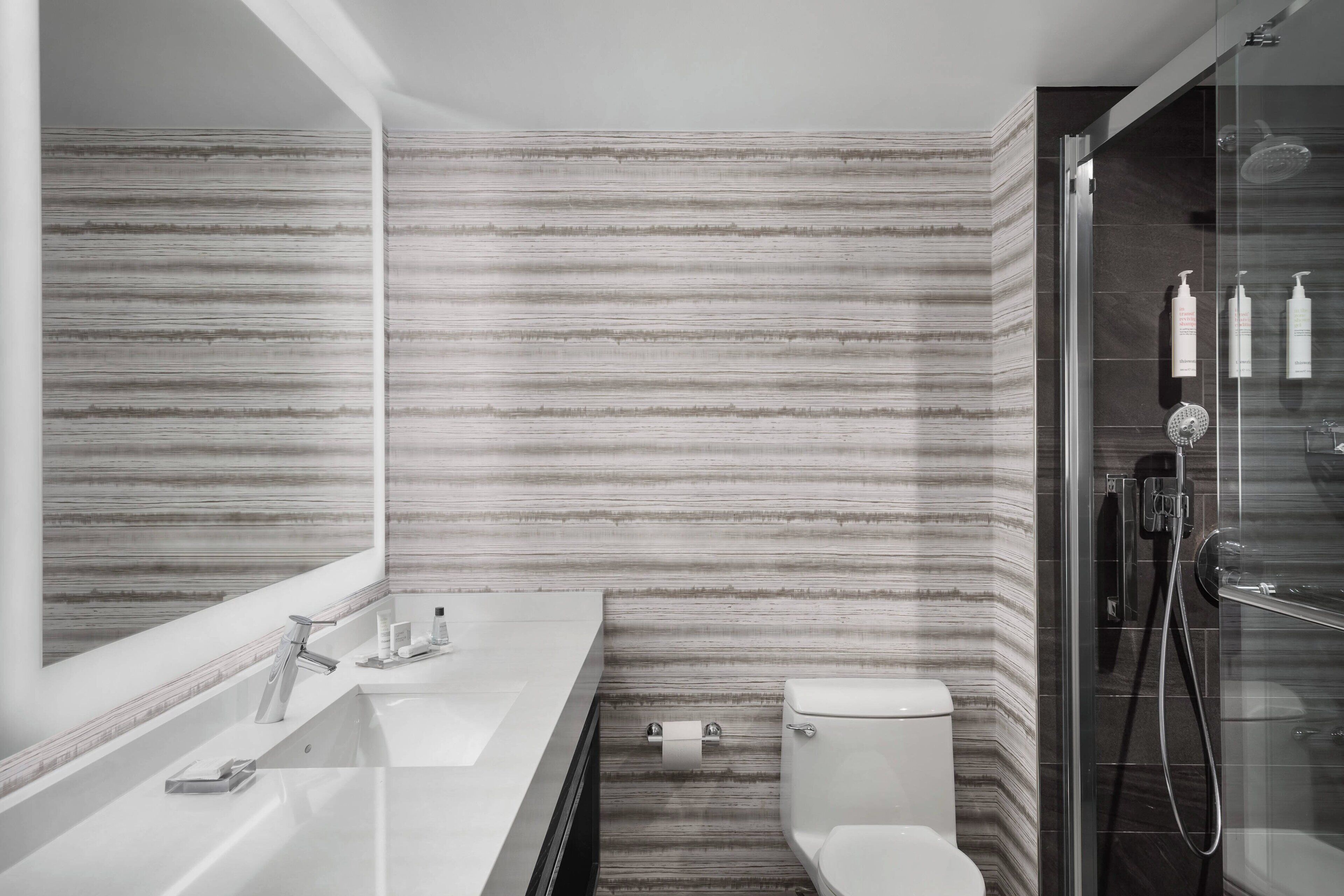 combined shower/bathtub, free toiletries, hair dryer, towels