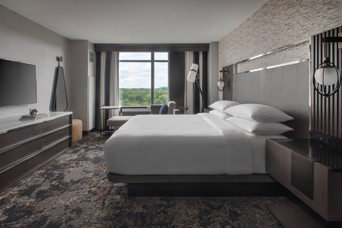 Una habitación de hotel moderna con una cama grande, un televisor de pantalla plana, un escritorio y vistas al exterior.