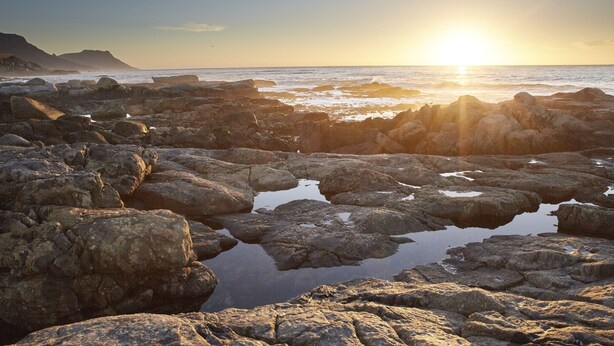 A rocky beach with a sunset in the background. - The Bantry Bay Aparthotel by Totalstay (Cape Town)