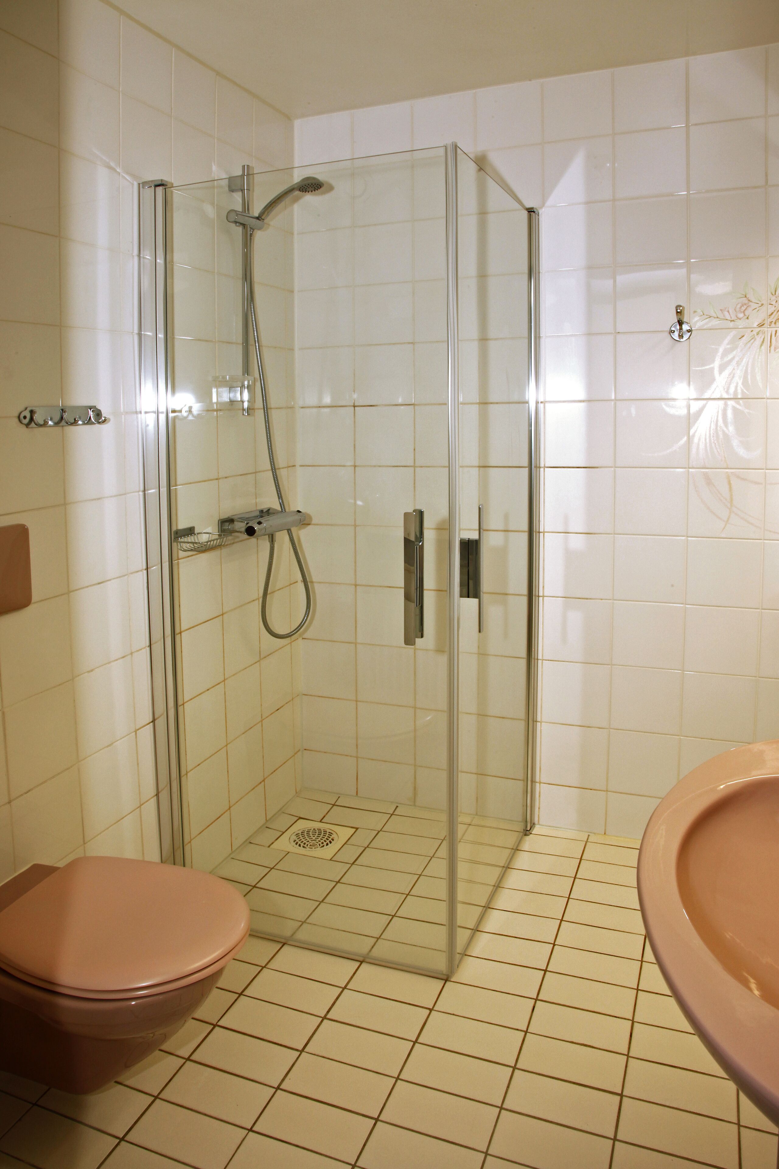 Ett badrum med en dusch som är avskärmad med glasväggar, en toalett och ett handfat.