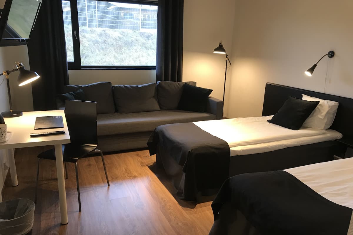 A compact hotel room with a single bed, a sofa, a desk with a laptop, and a window with curtains.