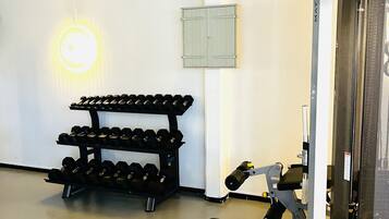 A gym with a squat rack, bench, and dumbbell rack.