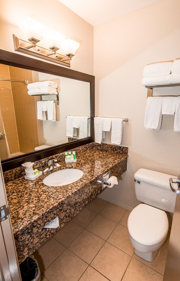 Une salle de bain avec un lavabo à dessus en granit, un miroir, des toilettes et un porte-serviettes.