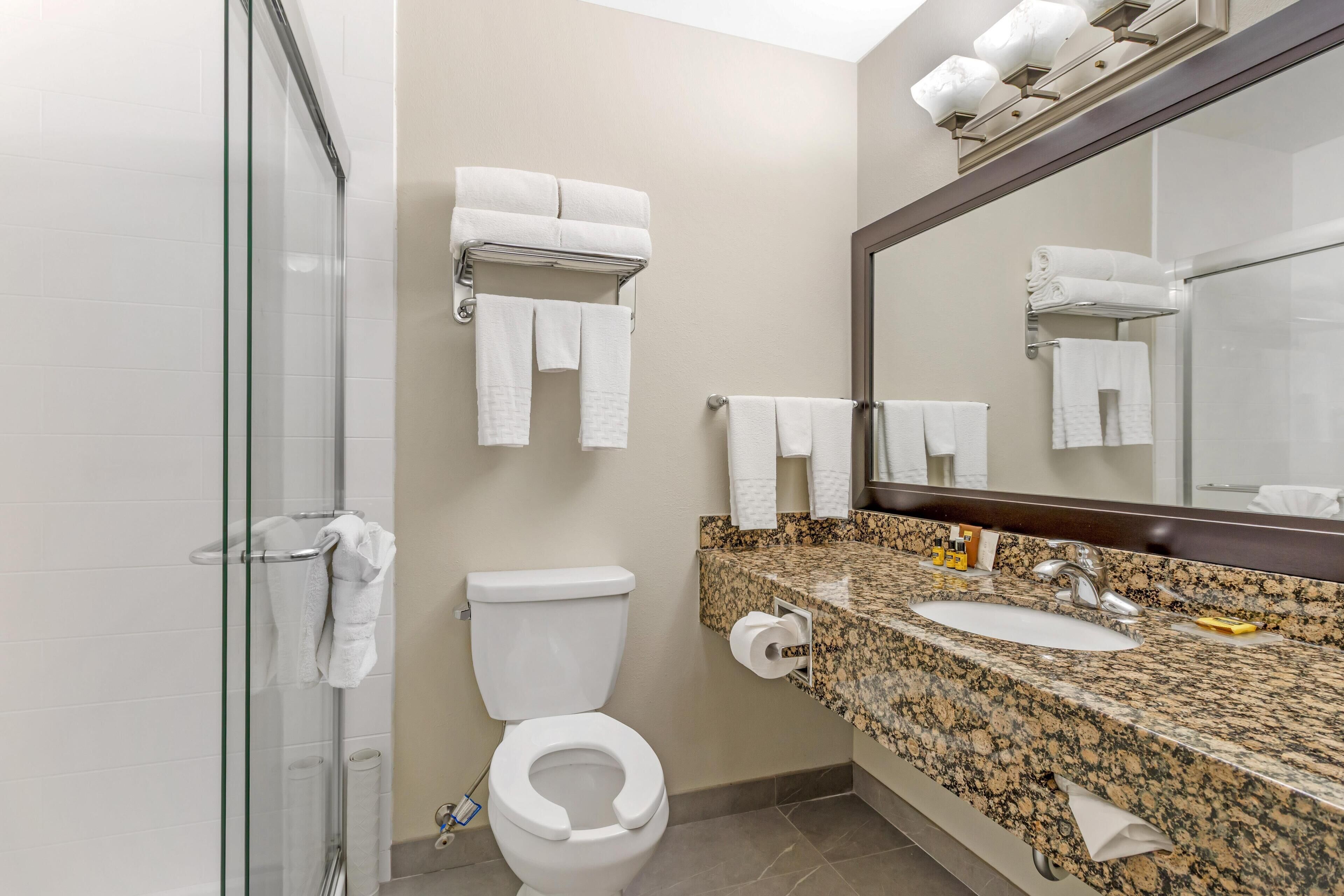 Un baño moderno con cabina de ducha de vidrio, inodoro, lavamanos con encimera de granito y espejo sobre el lavamanos.