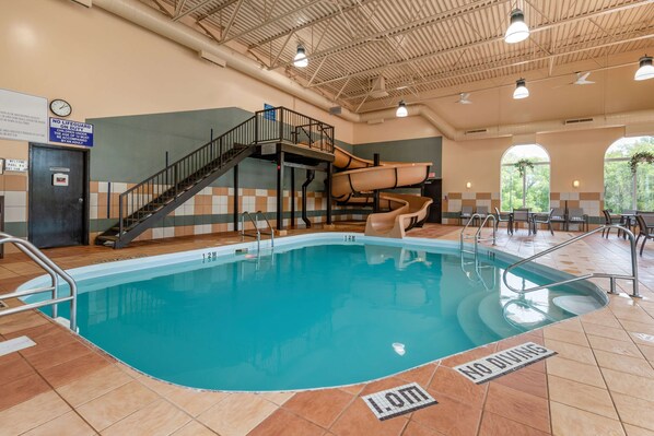 Indoor pool, open 8 AM to 11 PM, pool loungers