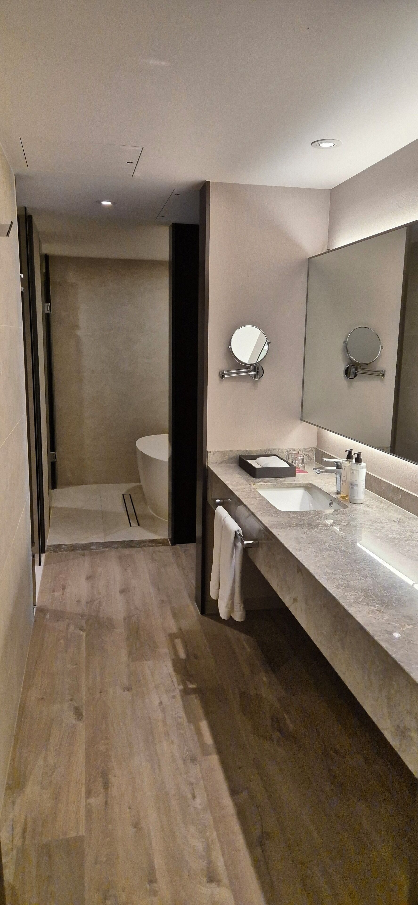 A modern bathroom with a shower, toilet, and vanity with a sink and mirror.