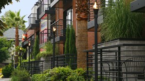 Un edificio con varios balcones, mobiliario exterior y una palmera.