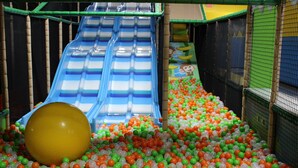 A play area with a slide, a ball pit, and a netted enclosure.