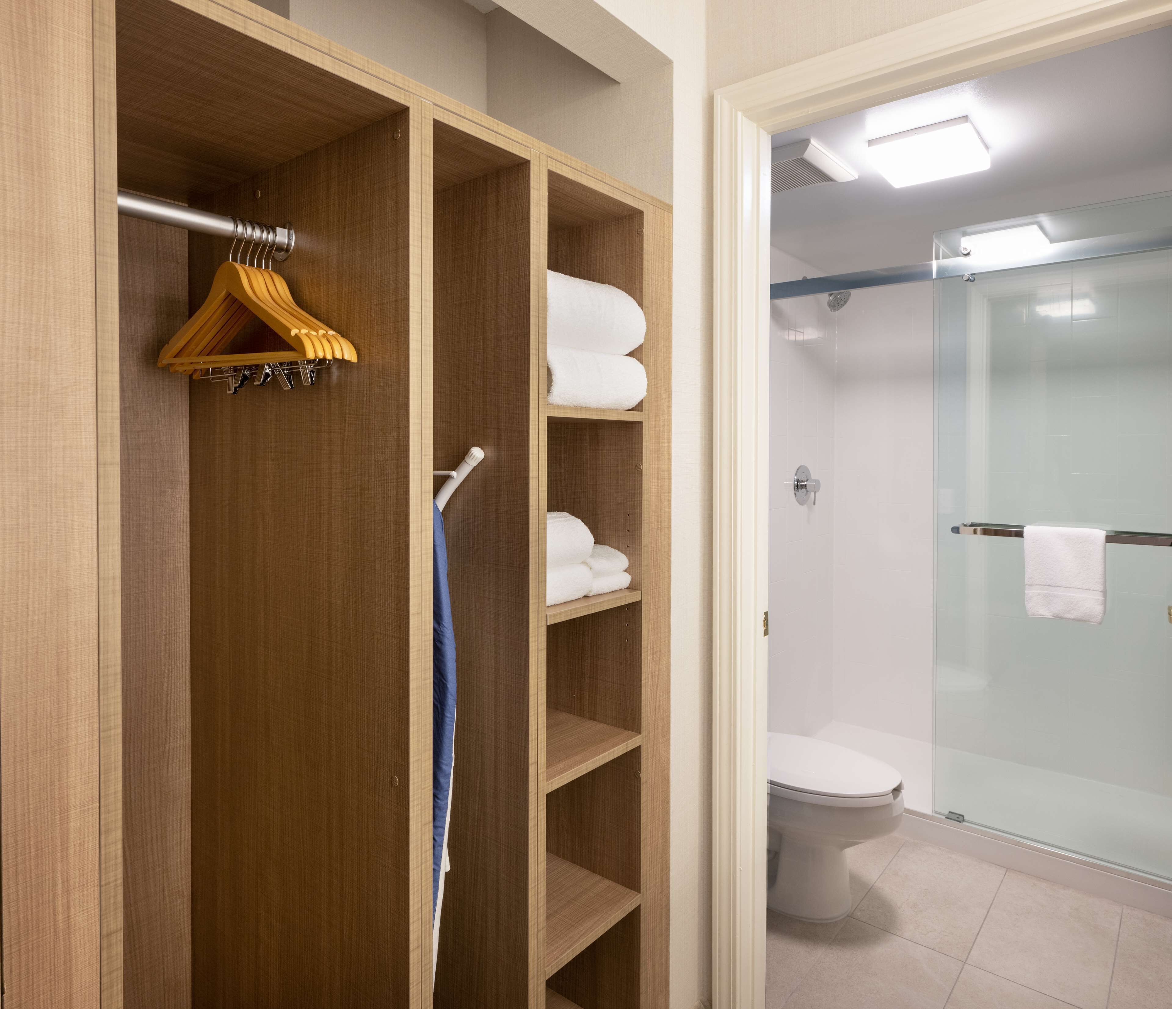A bathroom with a wooden wardrobe, a hanging rack, and a glass shower enclosure.