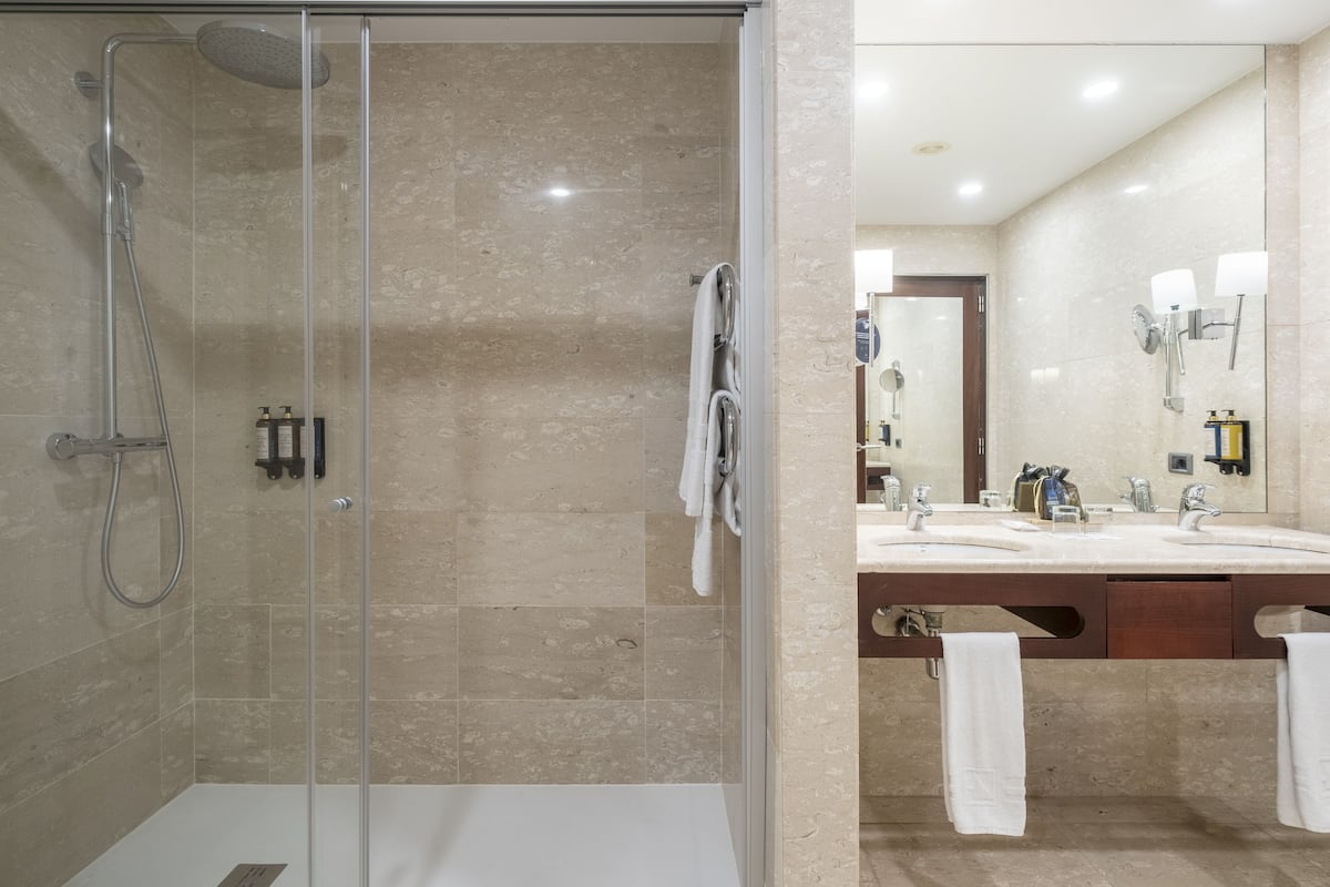 Shower, rainfall showerhead, eco-friendly toiletries, hair dryer