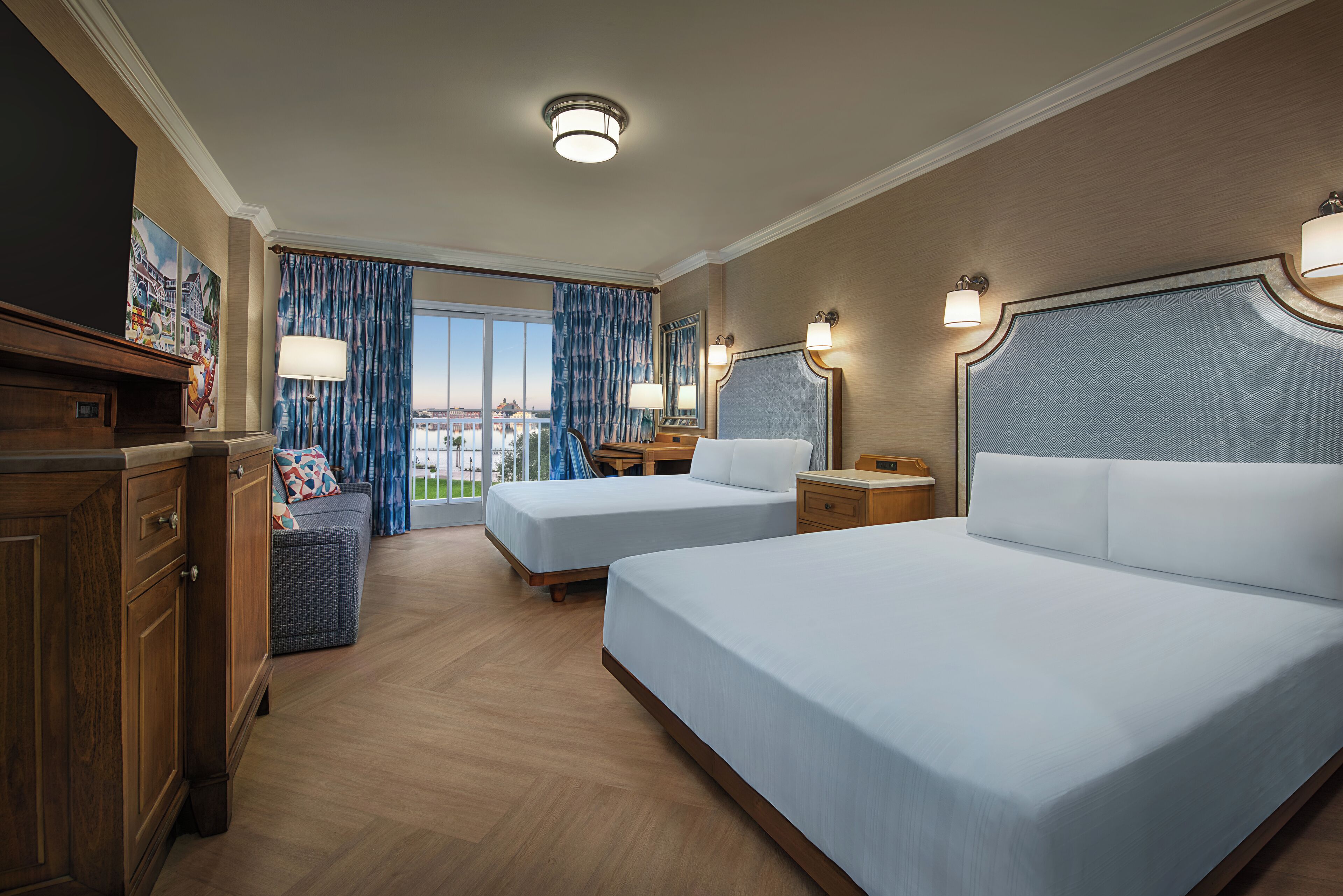 Water View. Hearing accessible - visual alarms and notifications. 2 queen beds, 1 daybed. | In-room safe, desk, laptop workspace, blackout drapes