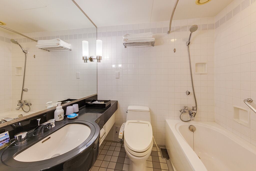 A modern bathroom with a large sink, toilet, and bathtub.