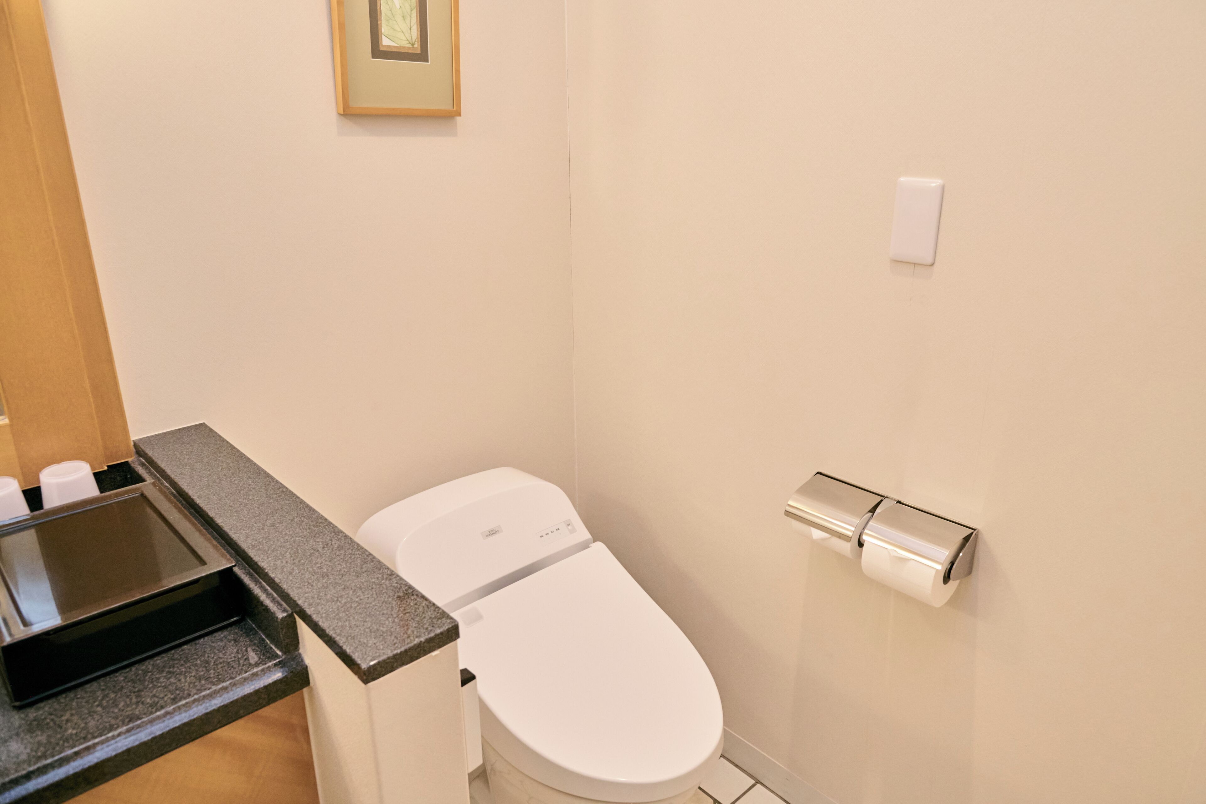 Un baño pequeño y limpio con un inodoro blanco, un lavamanos con encimera y un dispensador de papel higiénico en la pared.