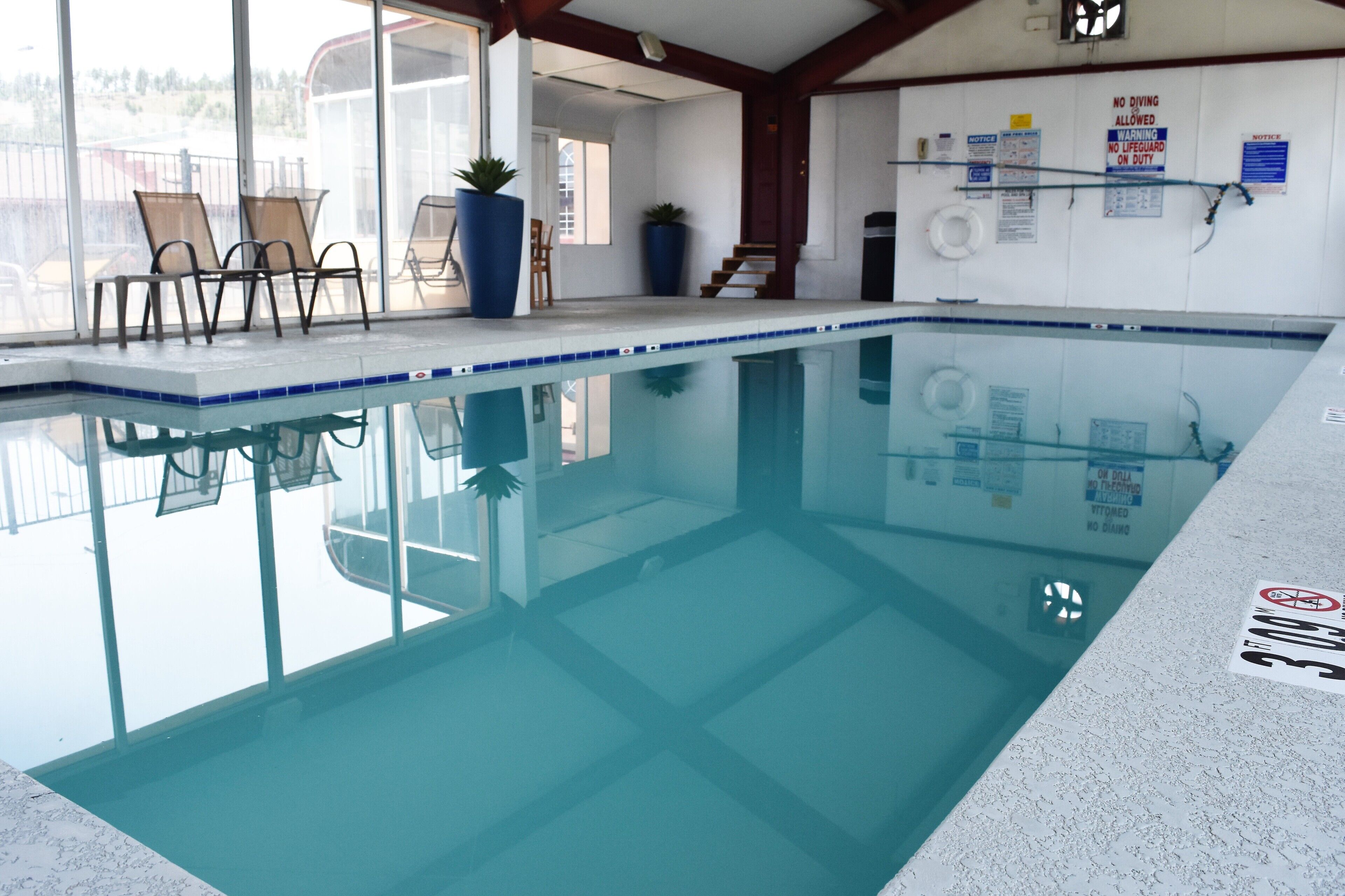Una piscina con acqua cristallina e azzurra, circondata da sdraio e piante in vaso.
