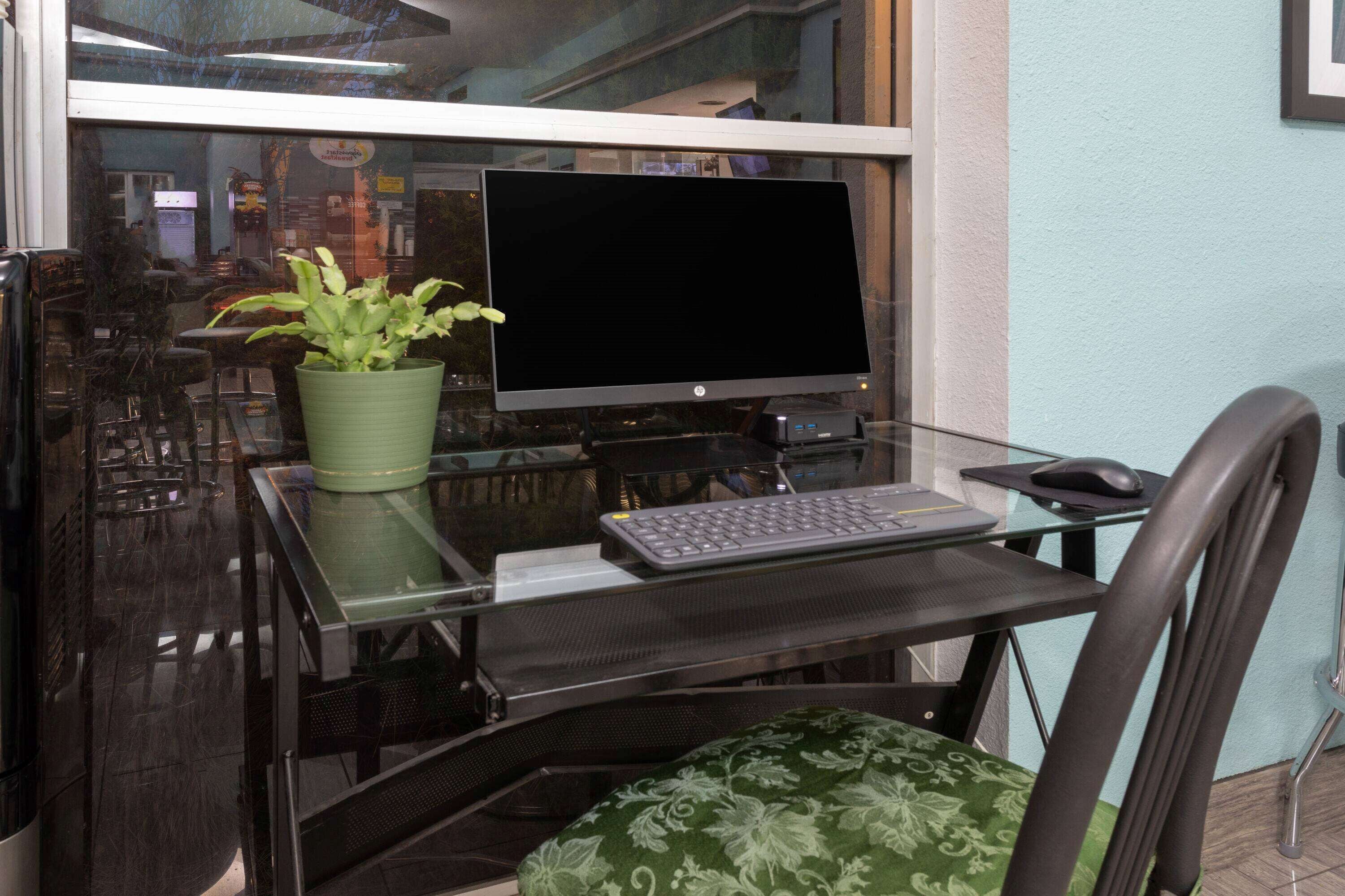 Escritorio de vidrio con una computadora, teclado y ratón, una planta verde y una silla acolchada.