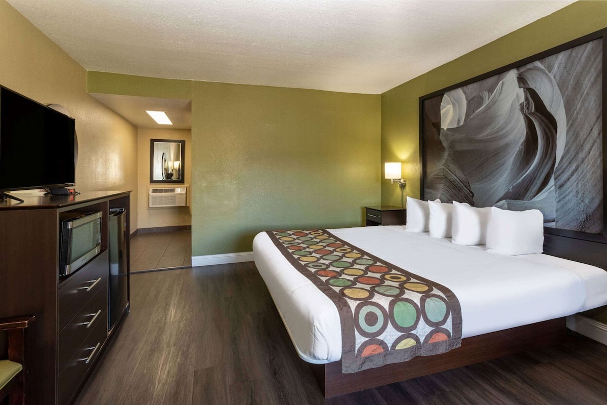 Une chambre d’hôtel avec un lit, une télévision, un four à micro-ondes et un tableau au mur.