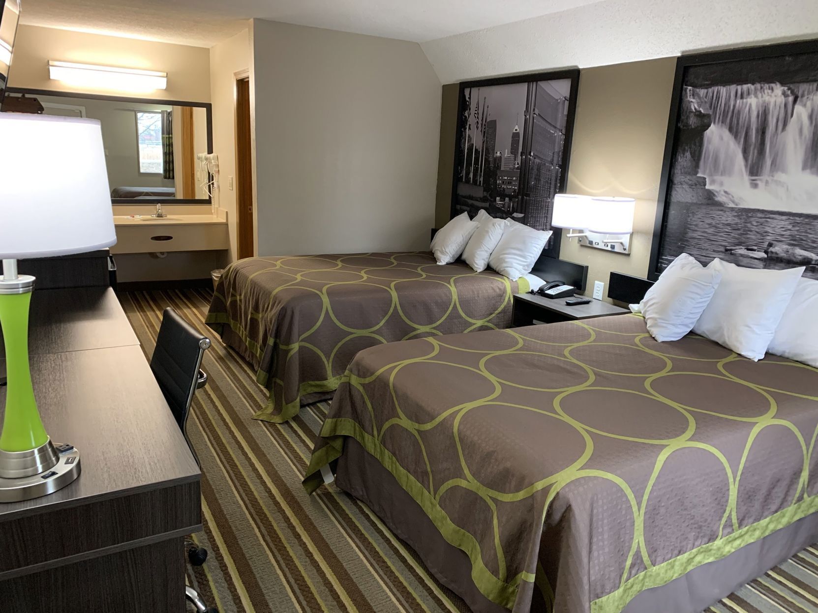 Desk, laptop workspace, blackout curtains, iron/ironing board