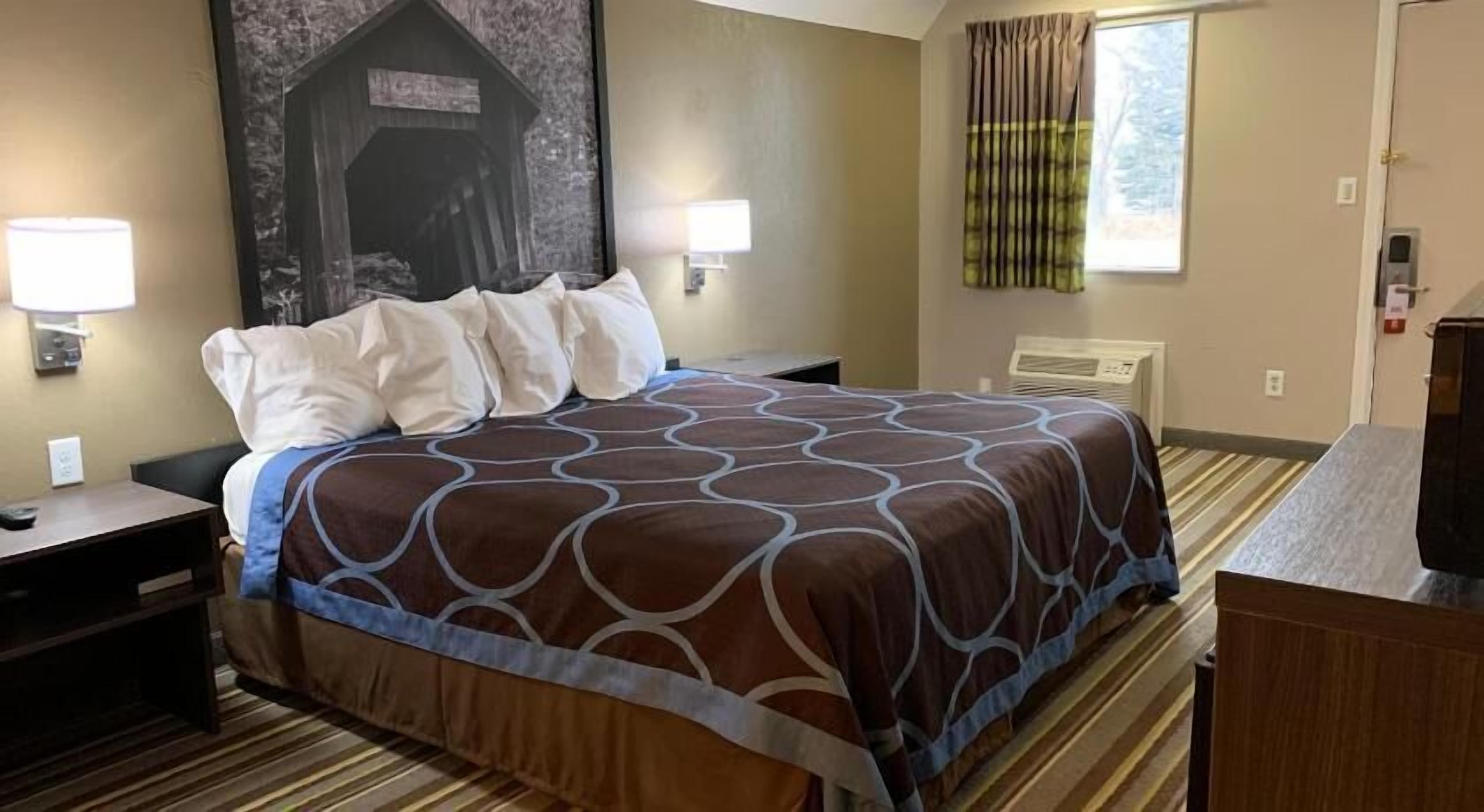 Desk, laptop workspace, blackout curtains, iron/ironing board