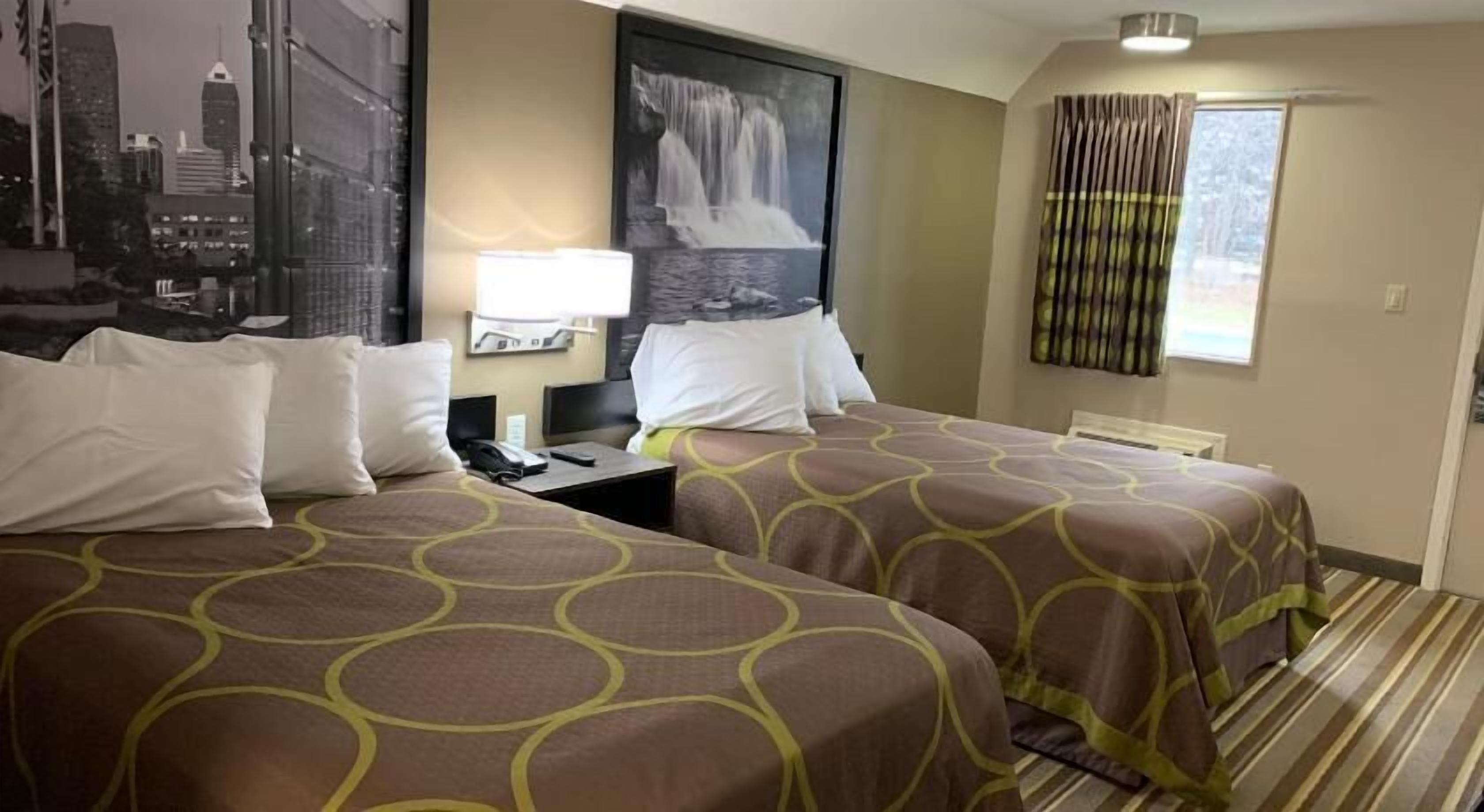 Desk, laptop workspace, blackout curtains, iron/ironing board