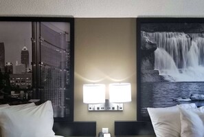 Desk, laptop workspace, blackout drapes, iron/ironing board