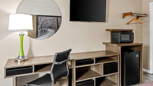 A compact hotel room with a desk, a chair, a television, a microwave, and a refrigerator.