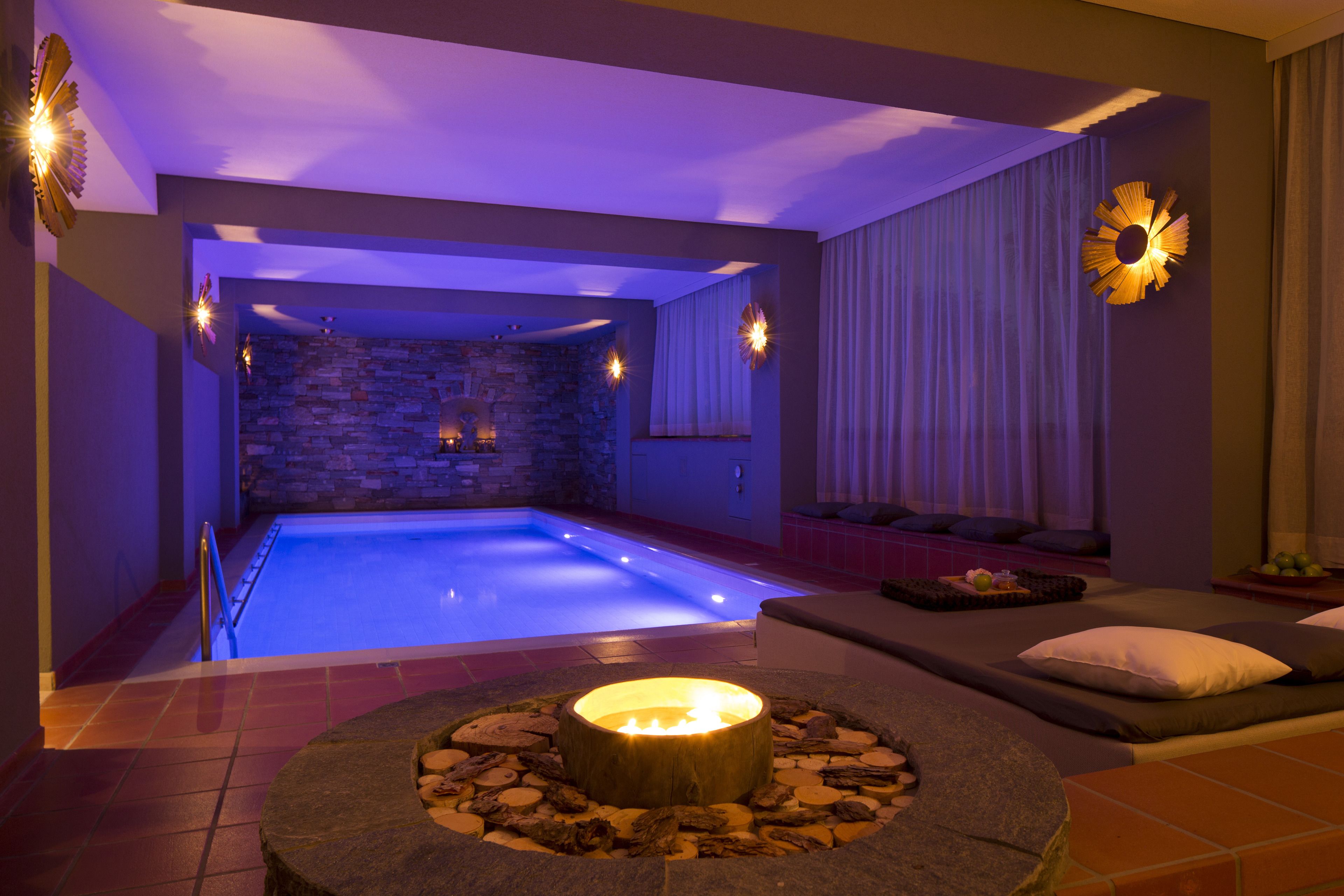 indoor pool, outdoor pool, pool loungers